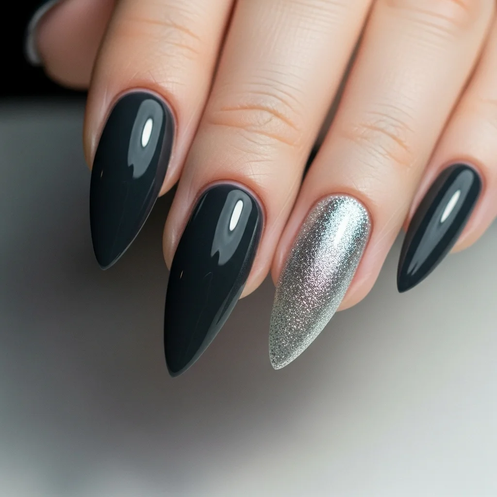 Top 15 Classy Nail Designs to Elevate Your Style 6 dark gray with silver glitter