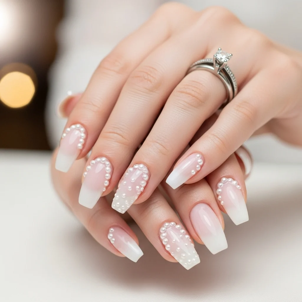 Top 17 Wedding Coffin Nails for the Modern Bride 3 delicate pearl embellishments