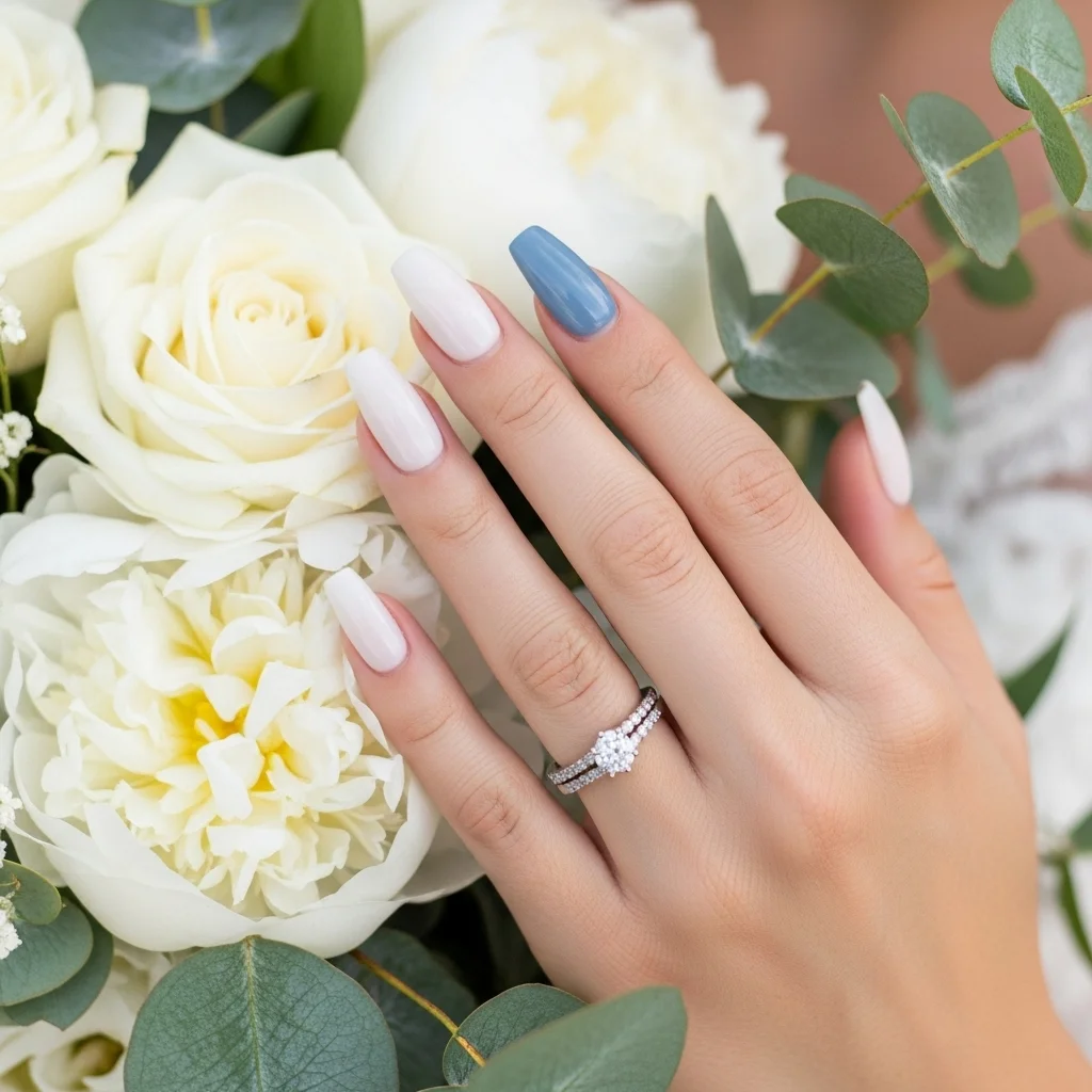 Top 17 Wedding Coffin Nails for the Modern Bride 14 dusty blue accent nail