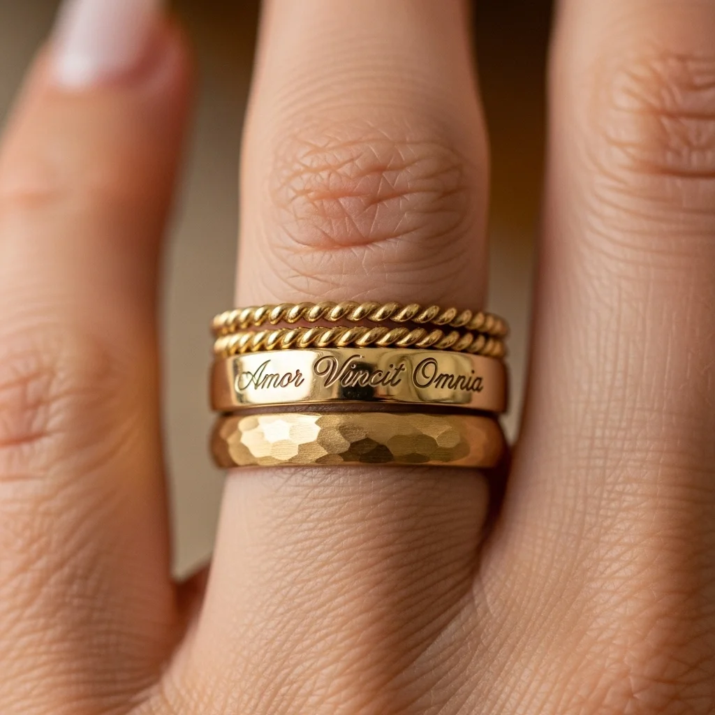 11 Gold Wedding Ring Stack Ideas to Try 10 engraved elegance