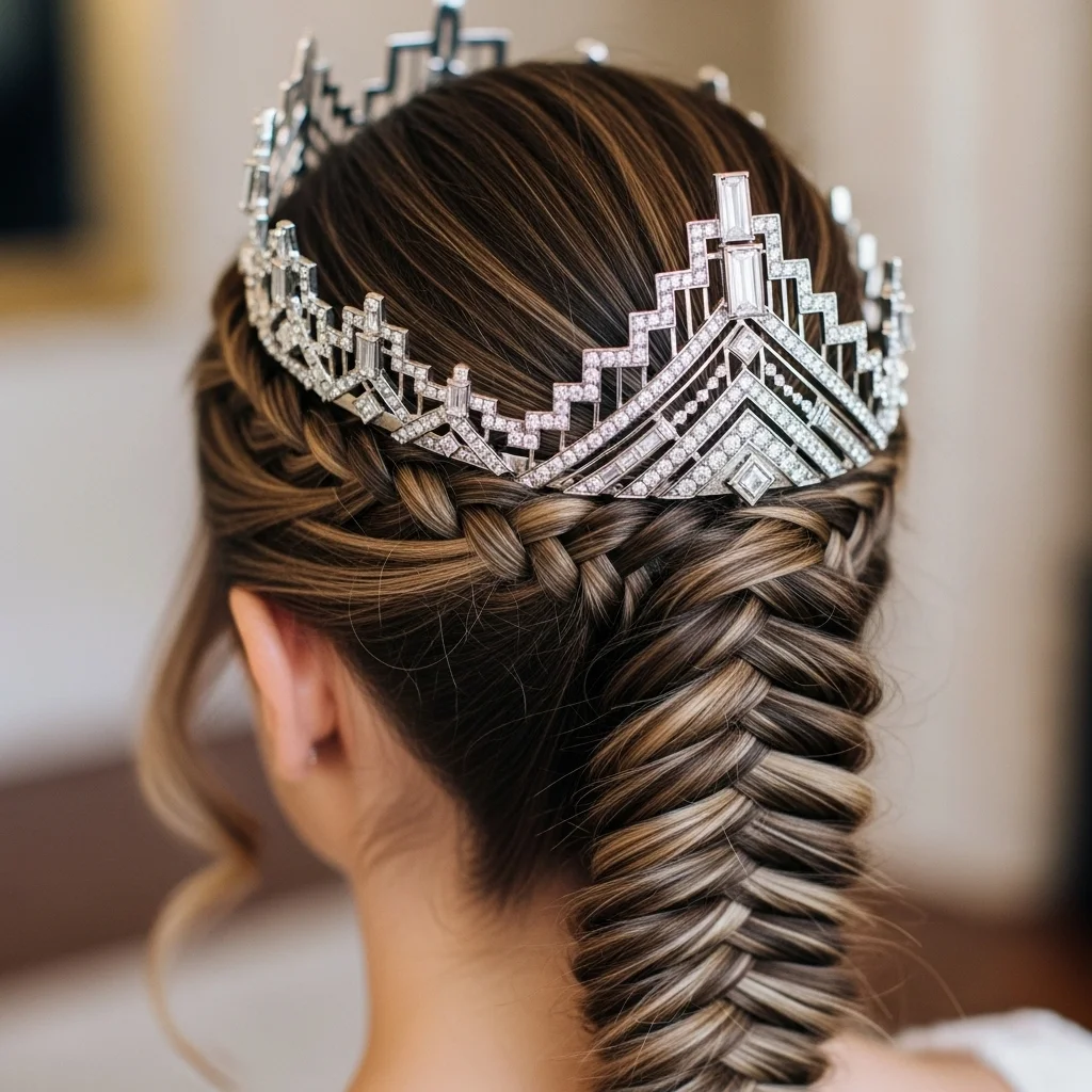 17 Bridal Hairstyles with Crowns 18 fishbone braid with art deco crown