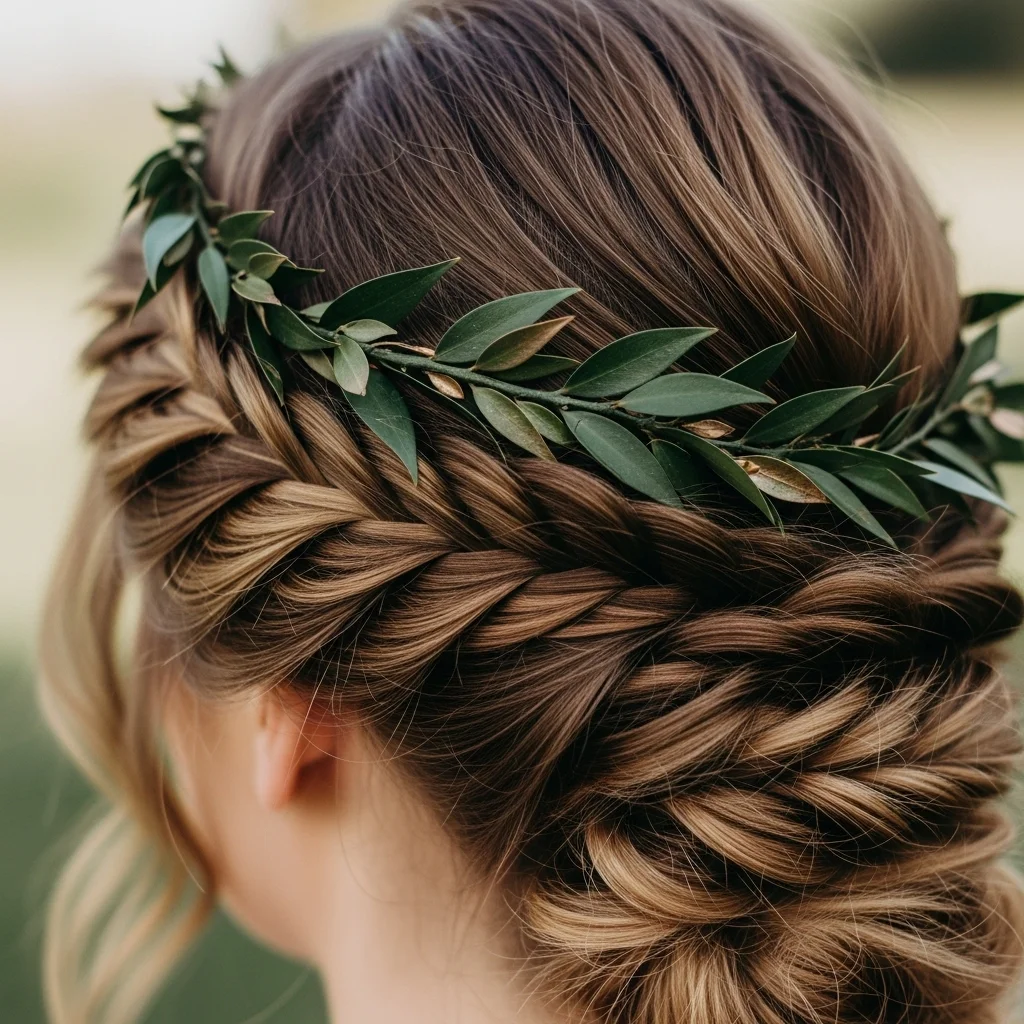 17 Bridal Hairstyles with Crowns 9 fishtail braid with leaf crown