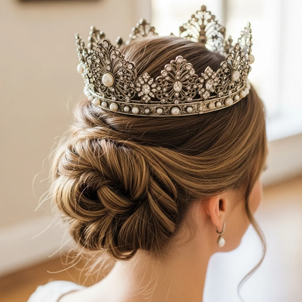 17 Bridal Hairstyles with Crowns 11 french twist with antique crown