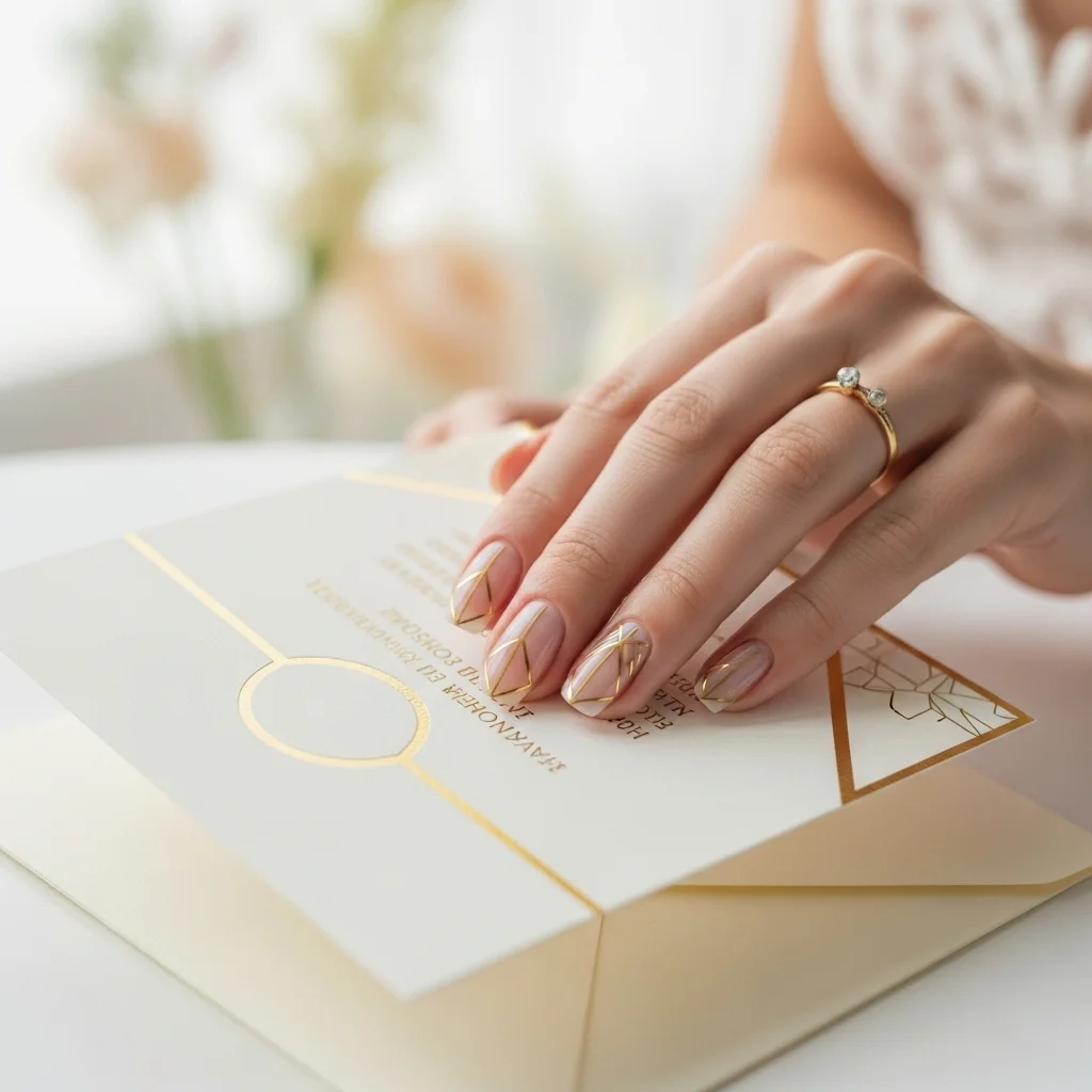 23 Dreamy Wedding Gel Nails for Brides: Your Ultimate Bridal Mani Guide 15 geometric gold lines 1