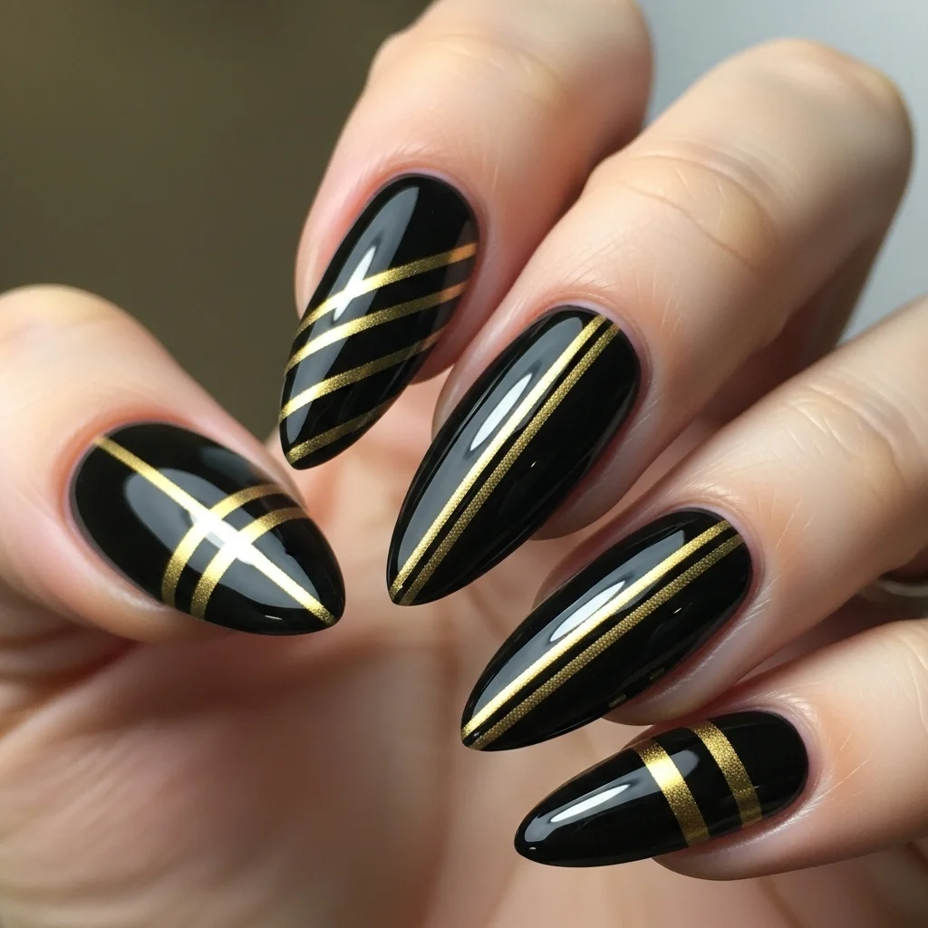 glossy black with gold accents