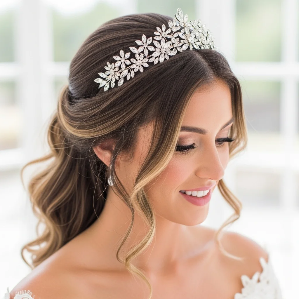17 Bridal Hairstyles with Crowns 4 half up half down with crystal crown