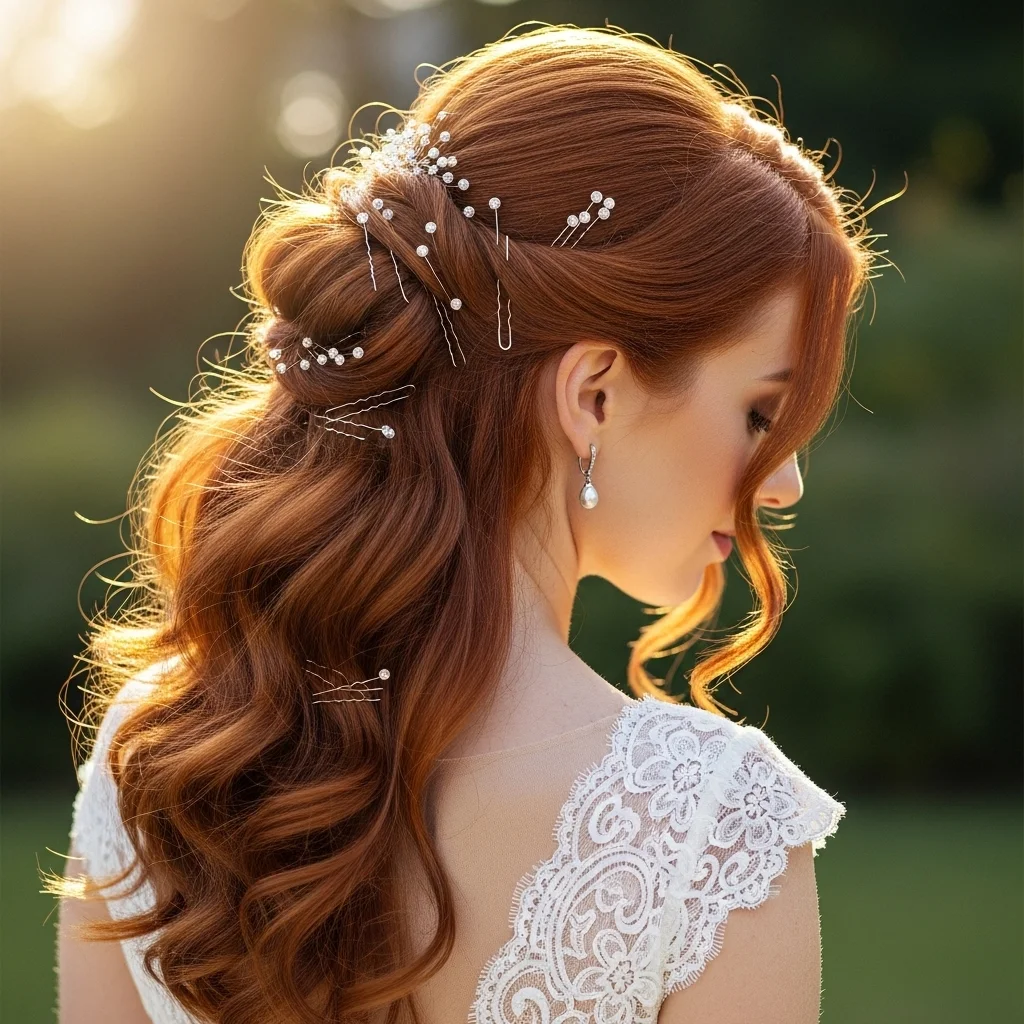 half updo with loose curls and bobby pins