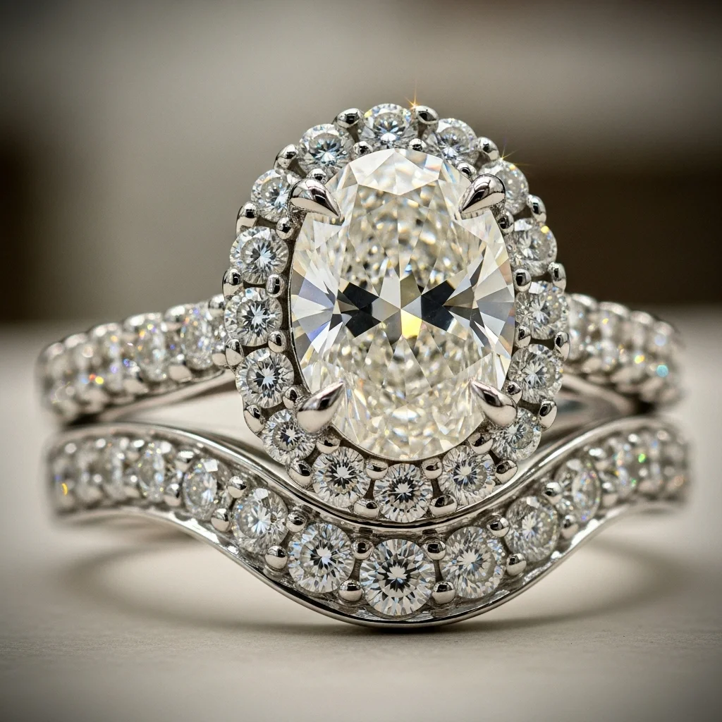 17 Oval Engagement Rings with Wedding Bands: Perfect Matches 3 halo setting with a contoured wedding band
