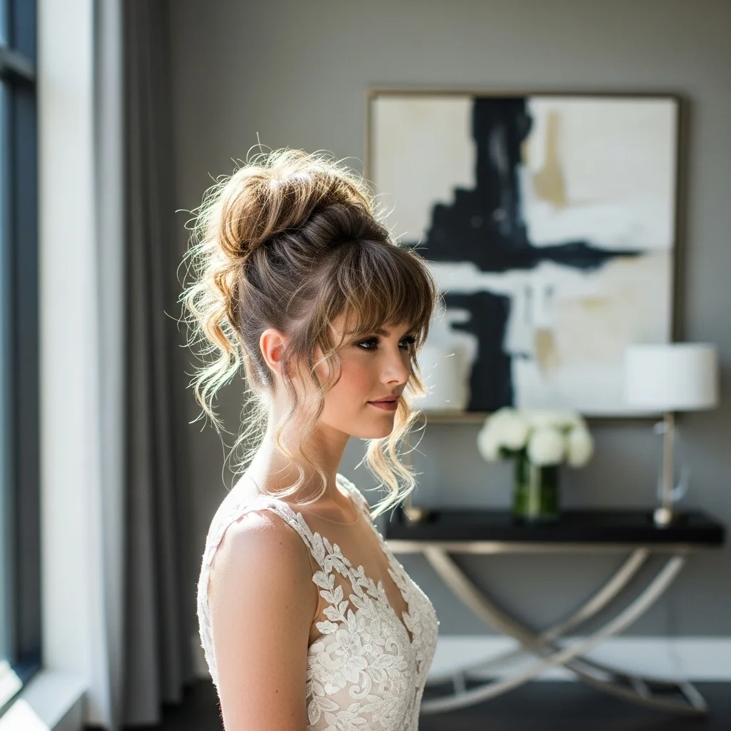 Top 23 Bridal Hairstyles with Bangs: Your Dream Look Awaits! 8 high bun with textured bangs