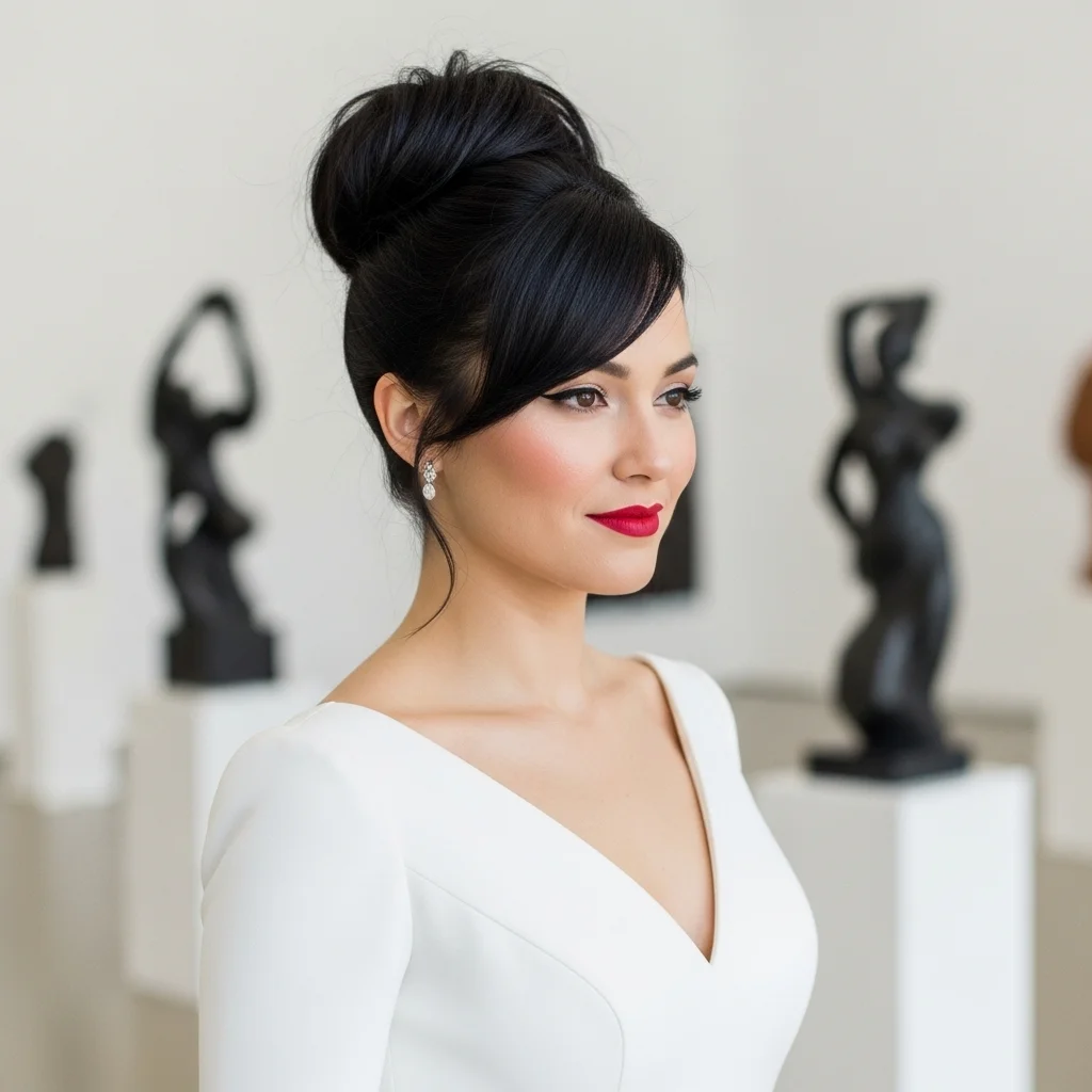 high messy bun with side swept bangs