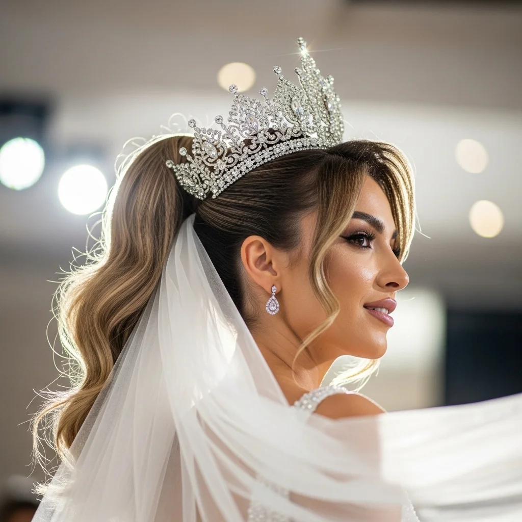 17 Bridal Hairstyles with Crowns 12 high ponytail with statement crown