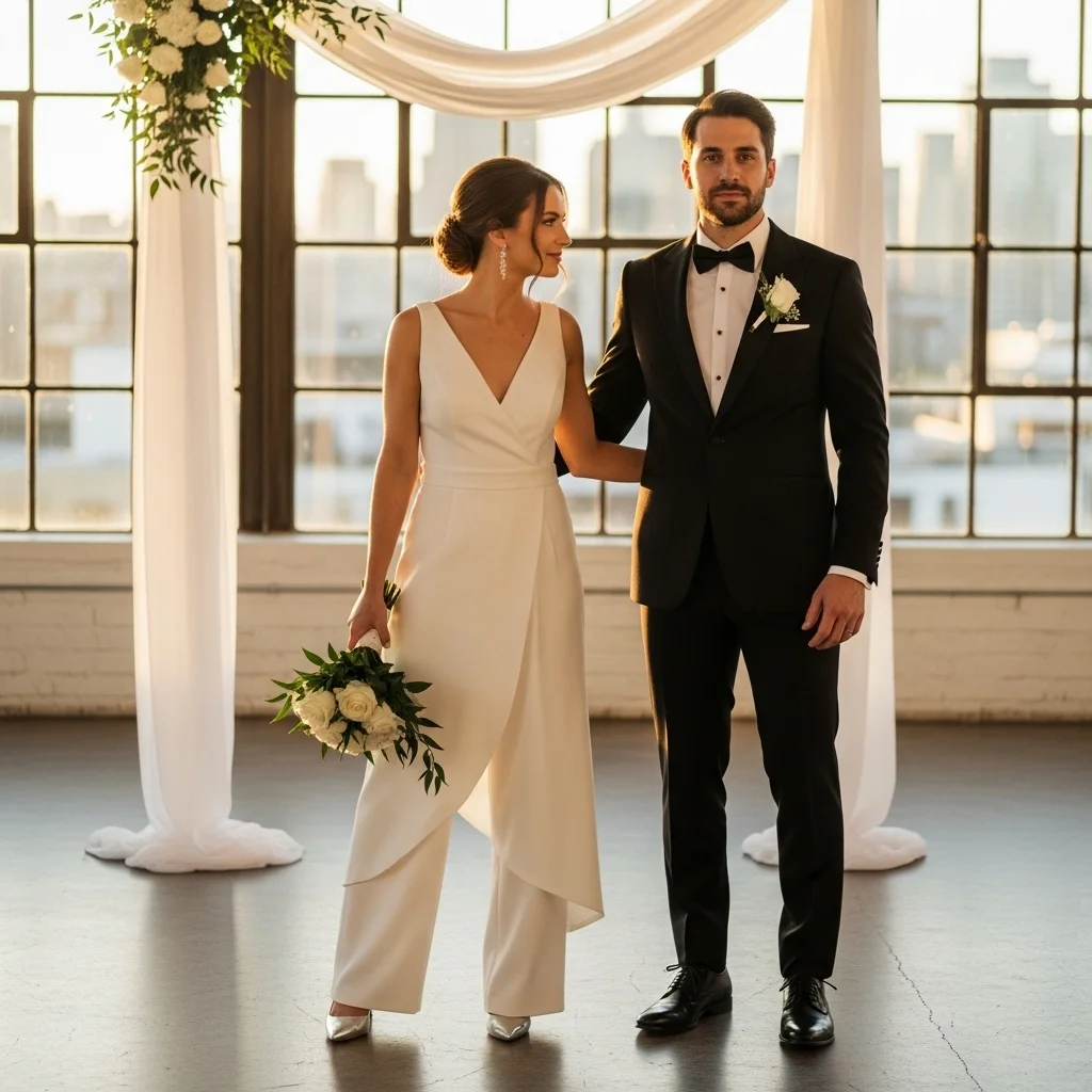 Top 11 Couple Wedding Dresses That Will Steal Your Heart 9 jumpsuit and tuxedo modern and chic