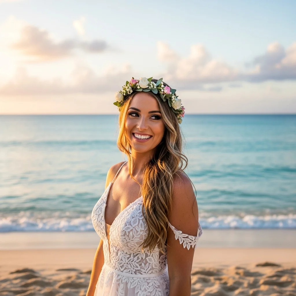 loose beach waves with flower crown