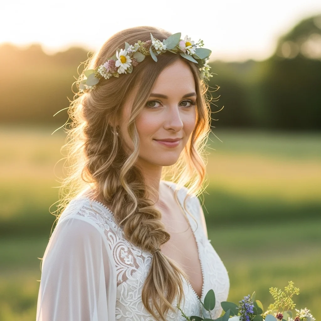 Top 25 Half Up Half Down Bridal Hairstyles for Your Dream Wedding 7 loose braid with flower crown