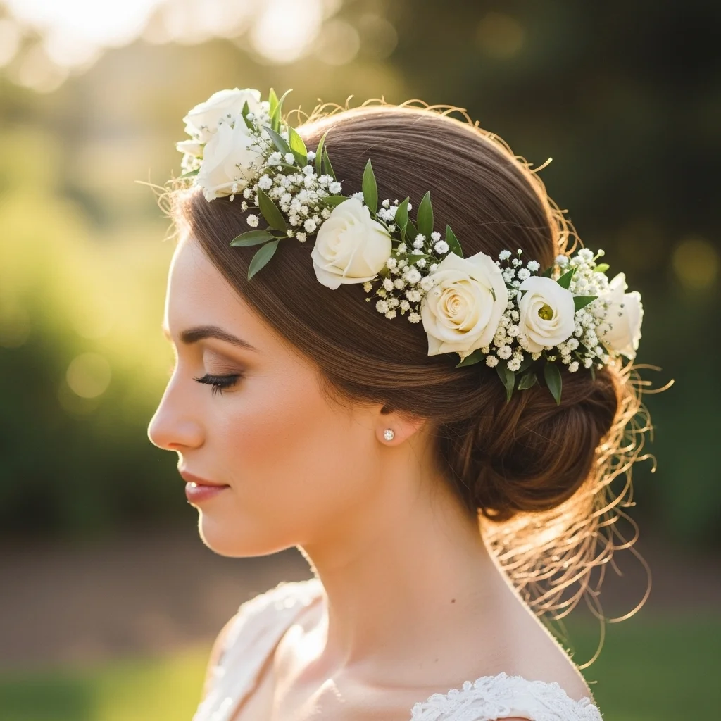 low bun with flower crown