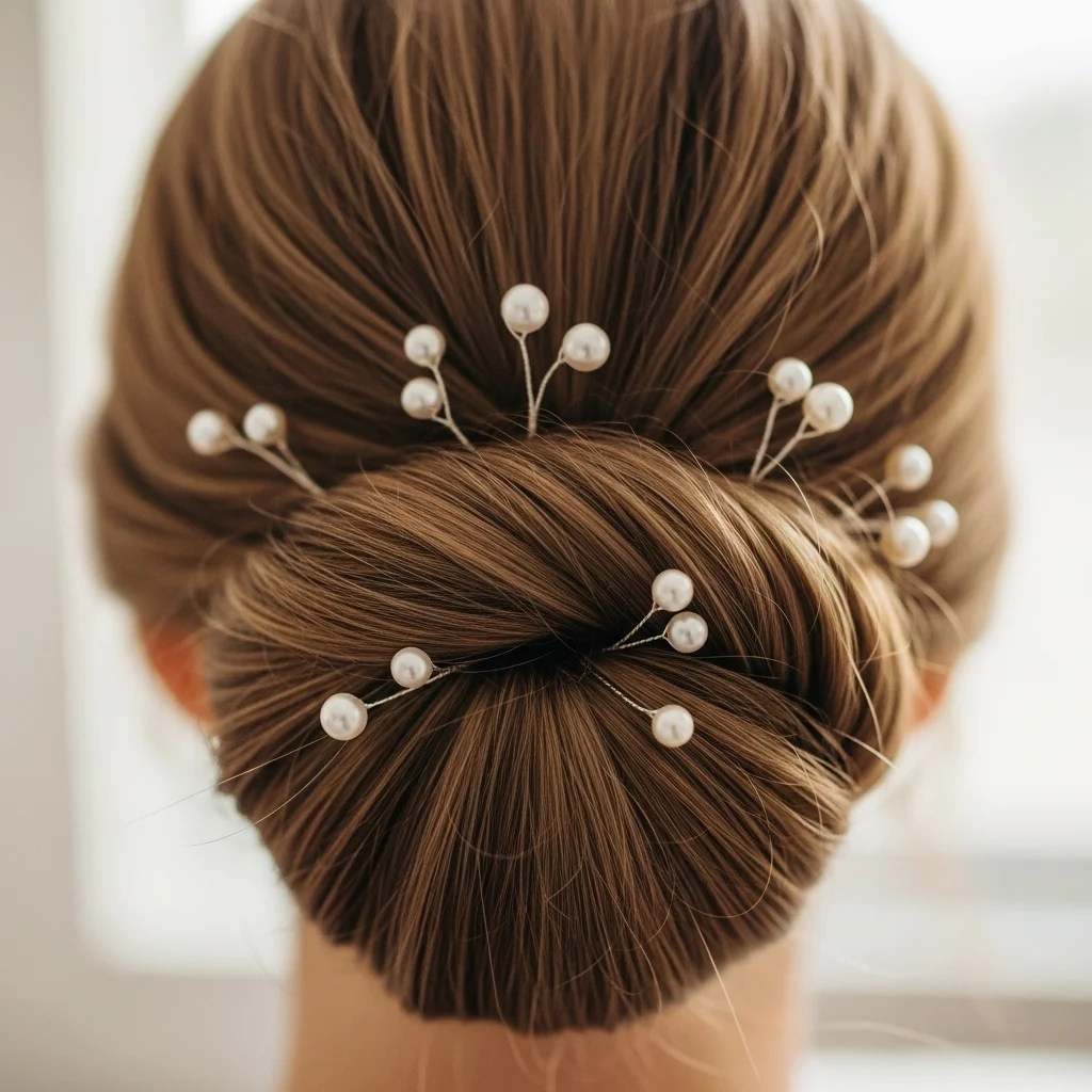 low bun with pearl hairpins
