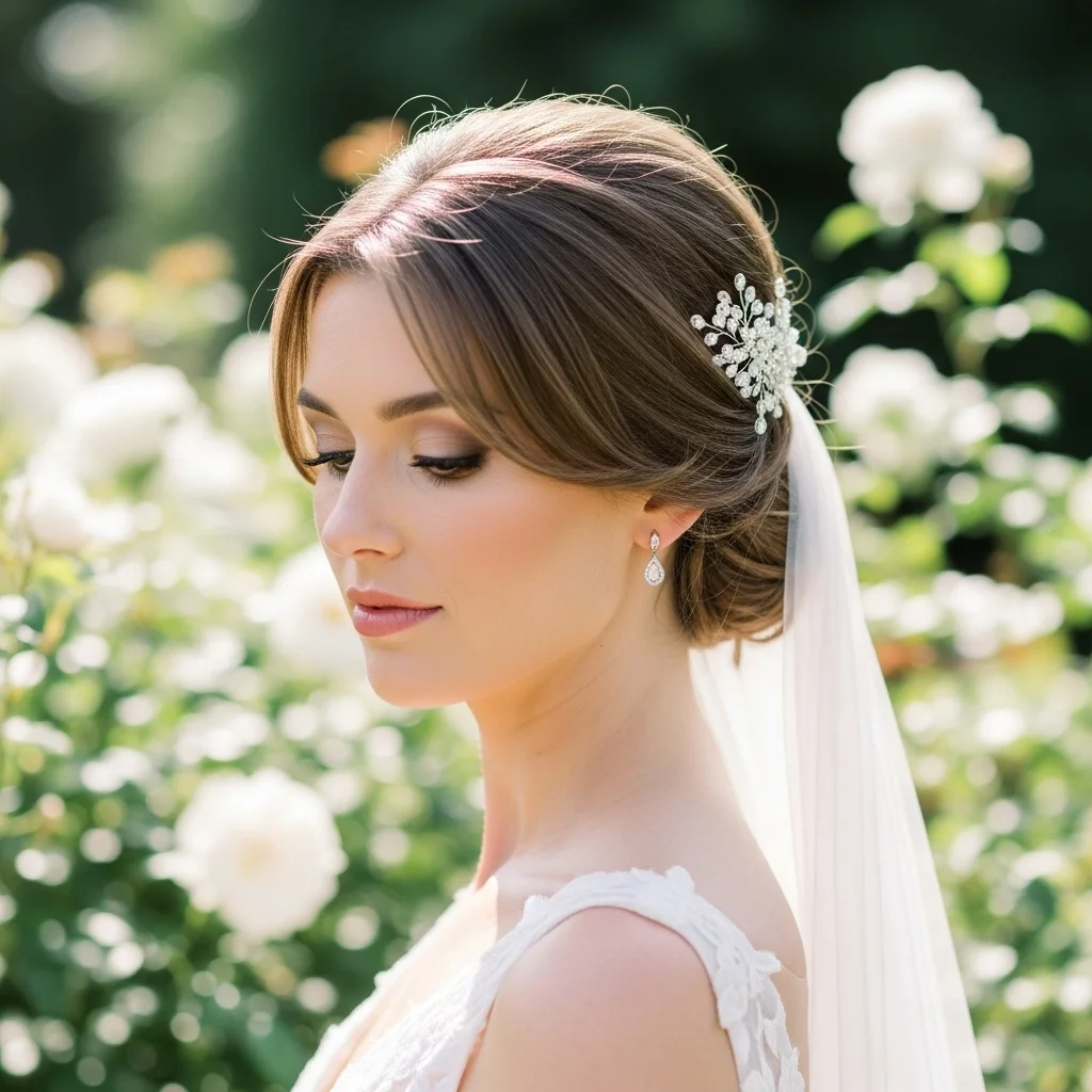 Top 21 Bride Bun Hairstyles to Make You Shine on Your Big Day 18 low bun with side swept bangs