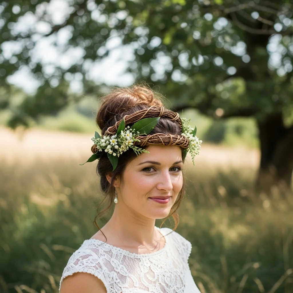 17 Bridal Hairstyles with Crowns 13 messy bun with rustic crown