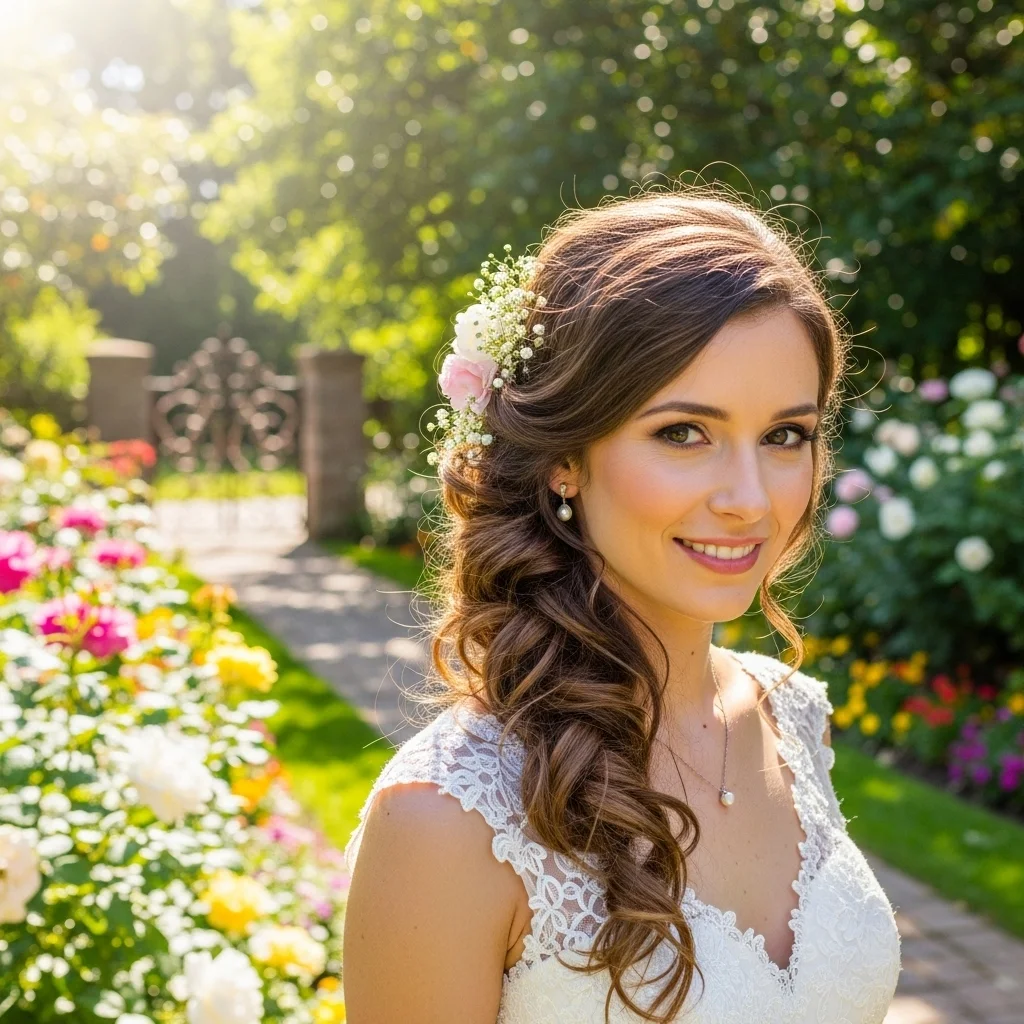 messy side bun with floral accents