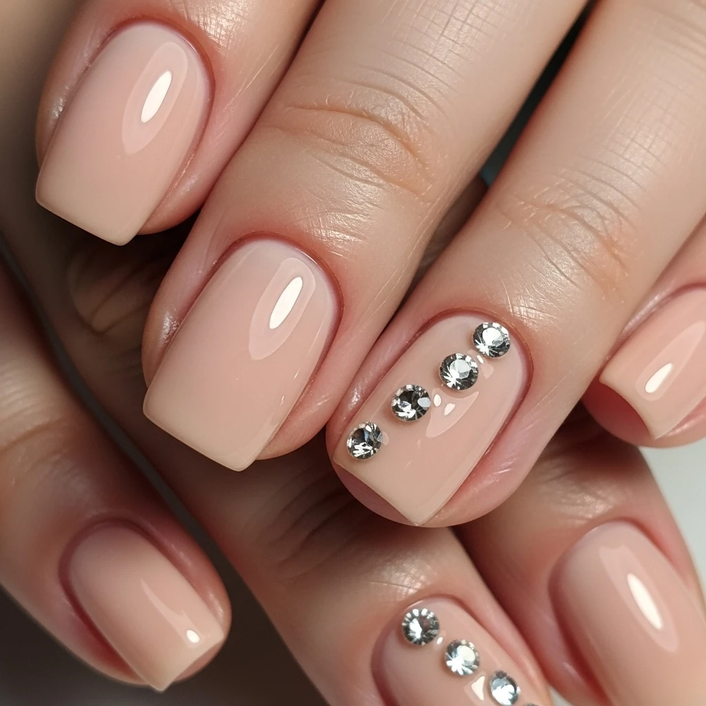 Top 13 Wedding Nail Designs for the Modern Bride 3 minimalist nude nails with delicate rhinestones