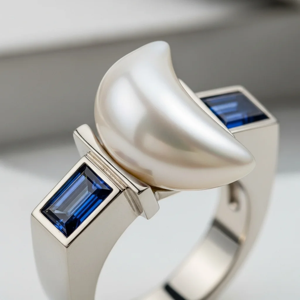 15 Elegant Pearl Wedding Rings to Adore 14 modernist pearl and sapphire ring