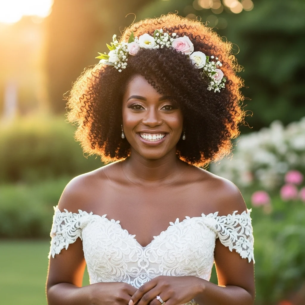 Top 21 Stunning Bride Hairstyles for Black Hair: Your Dream Wedding Look Awaits! 17 natural afro with floral accents