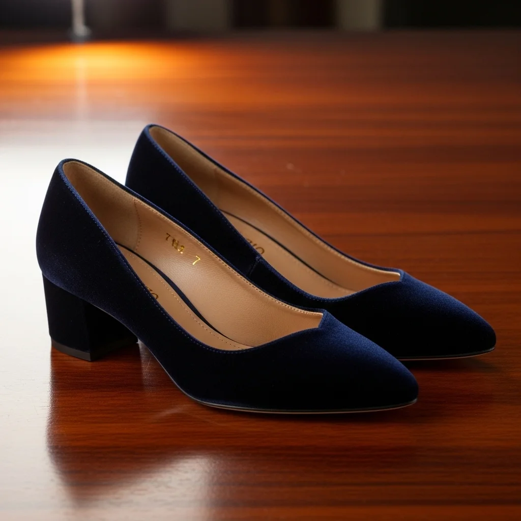 navy blue velvet pumps
