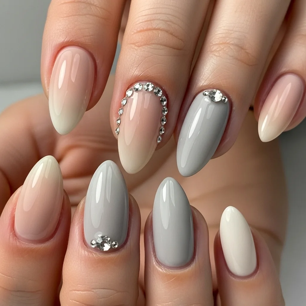 neutral tones with rhinestone accents