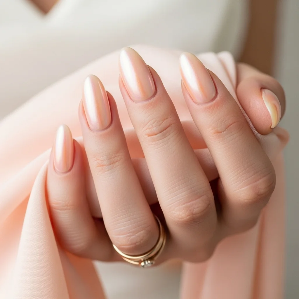 23 Dazzling Wedding Nails Ideas for Brides: Your Ultimate Bridal Sparkle Guide 22 peach pearl shimmer