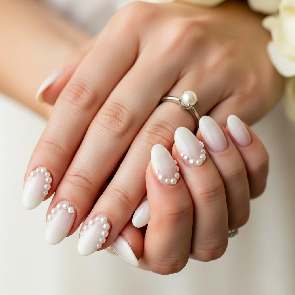 Sparkle & Frost: The Top 13 Winter Wedding Nail Ideas for Brides 12 pearl embellishments 2