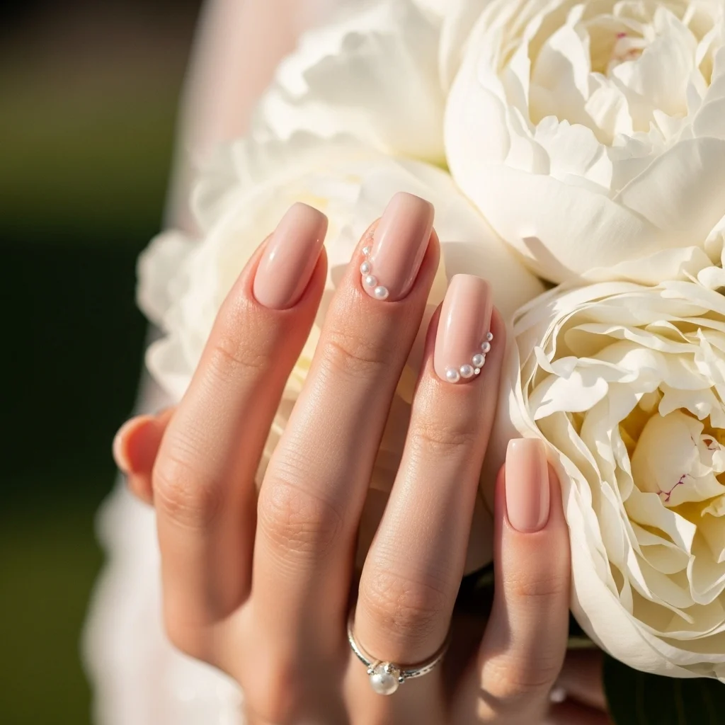 23 Dreamy Wedding Gel Nails for Brides: Your Ultimate Bridal Mani Guide 5 pearl embellishments on nude