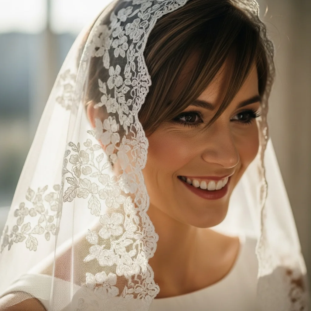 13 Short Hair Bride Hairstyles with Veil 3 pixie cut with a cascading veil