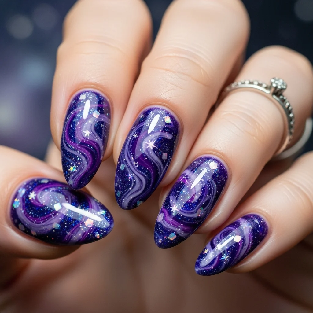 Top 15 Purple Nail Designs to Inspire Your Next Manicure 9 purple galaxy nails