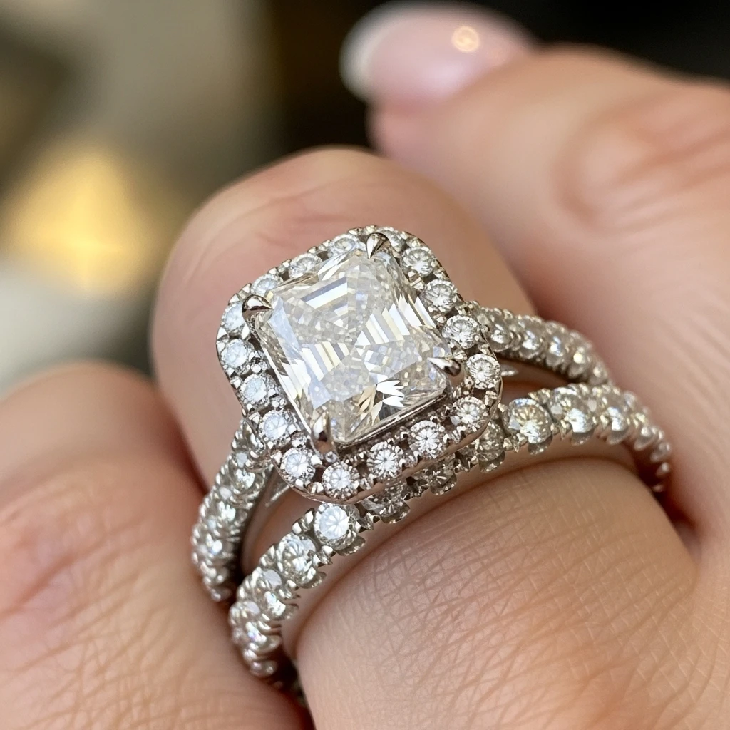 17 Radiant Cut Wedding Ring Sets to Love 3 radiant cut halo ring set