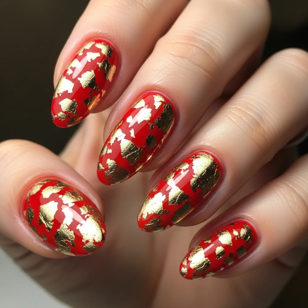 red and gold foil nails