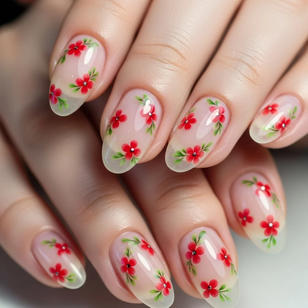 red floral nails