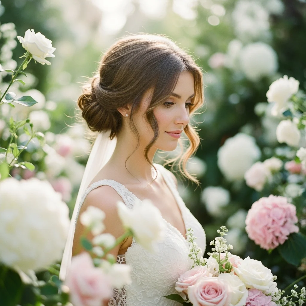romantic low bun with loose curls