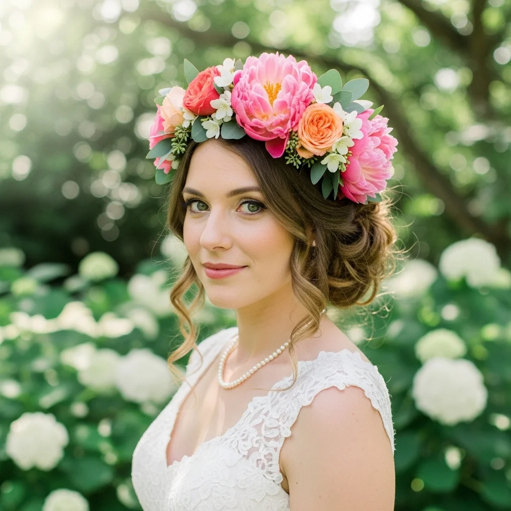 17 Bridal Hairstyles with Crowns 3 romantic updo with flower crown
