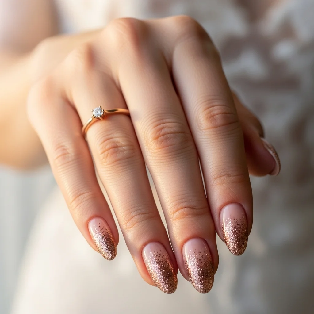 23 Dazzling Wedding Nails Ideas for Brides: Your Ultimate Bridal Sparkle Guide 3 rose gold glitter ombre