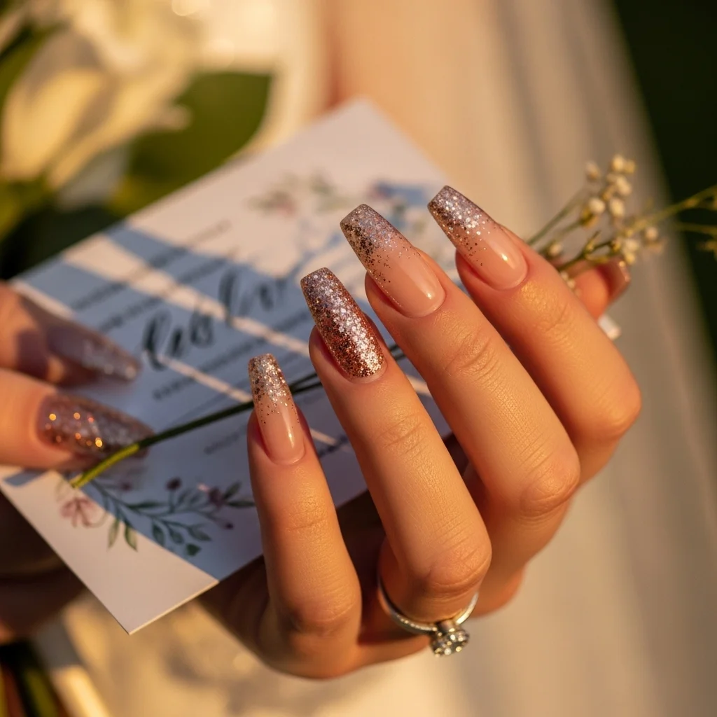 Top 17 Wedding Coffin Nails for the Modern Bride 4 rose gold glitter tips