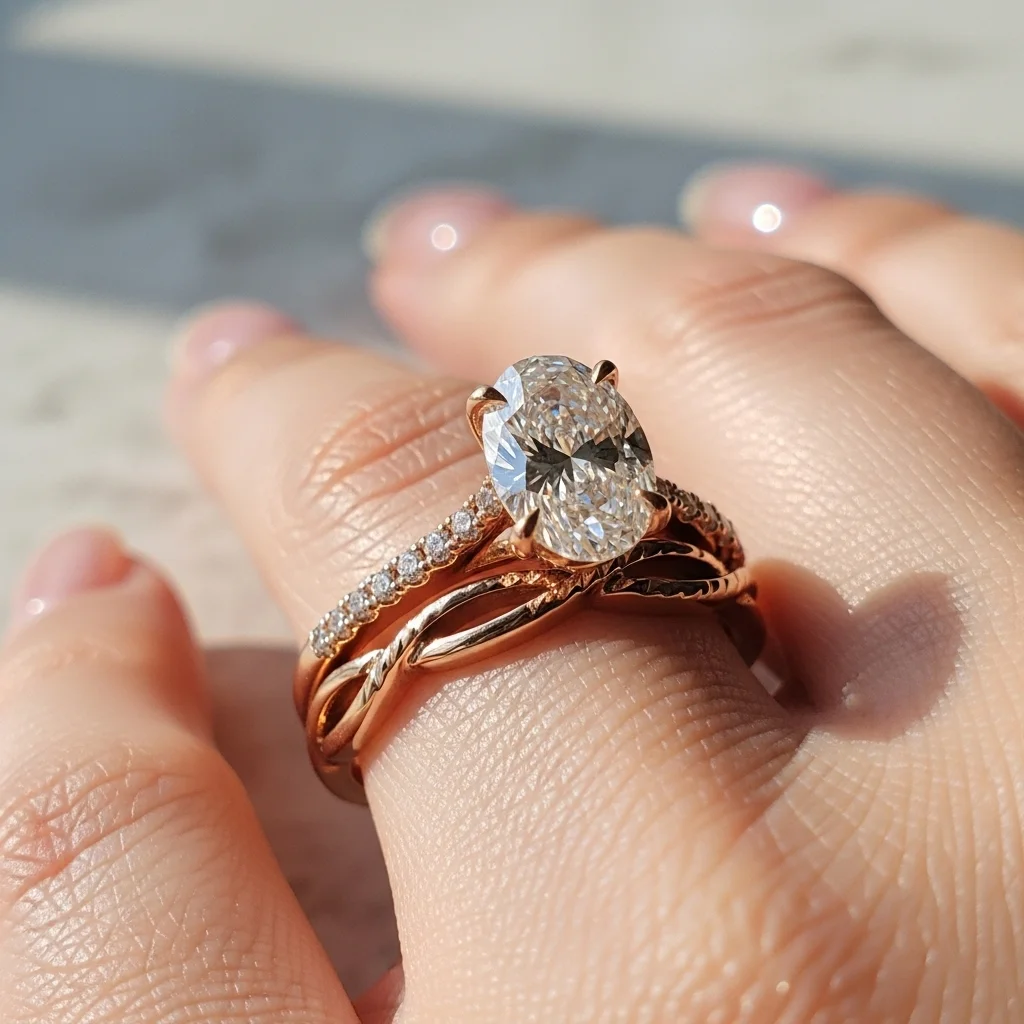 17 Oval Engagement Rings with Wedding Bands: Perfect Matches 16 rose gold setting with a twisted rose gold band