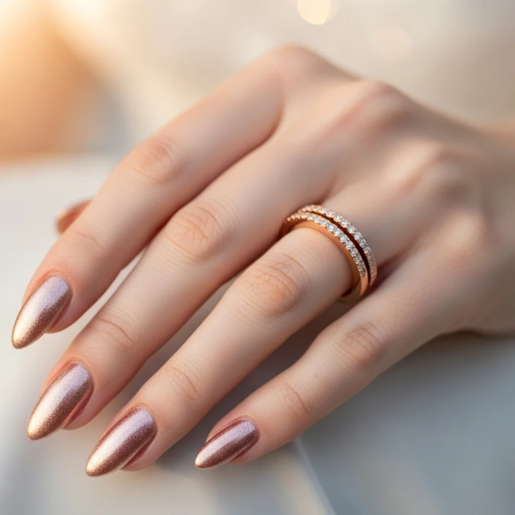 Sparkle & Frost: The Top 13 Winter Wedding Nail Ideas for Brides 10 rose gold shimmer 1