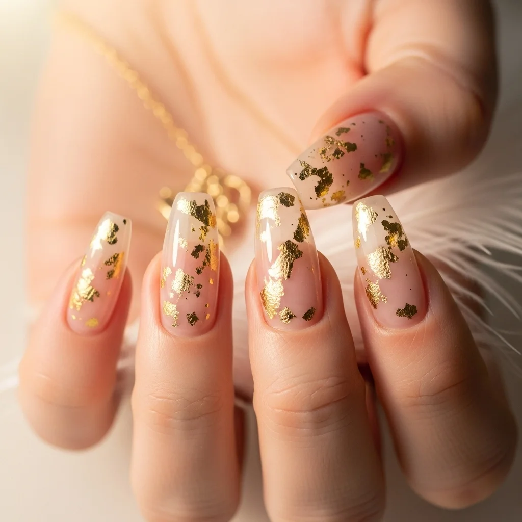 Top 17 Wedding Coffin Nails for the Modern Bride 15 sheer pink with gold flakes