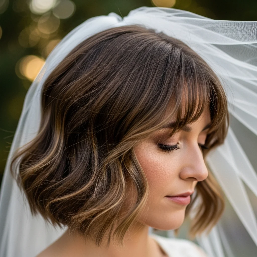 13 Short Hair Bride Hairstyles with Veil 9 short layers with a fingertip veil