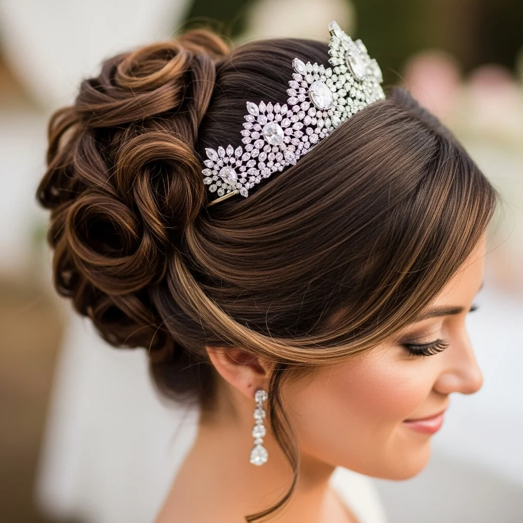 17 Bridal Hairstyles with Crowns 10 side bun with jeweled crown