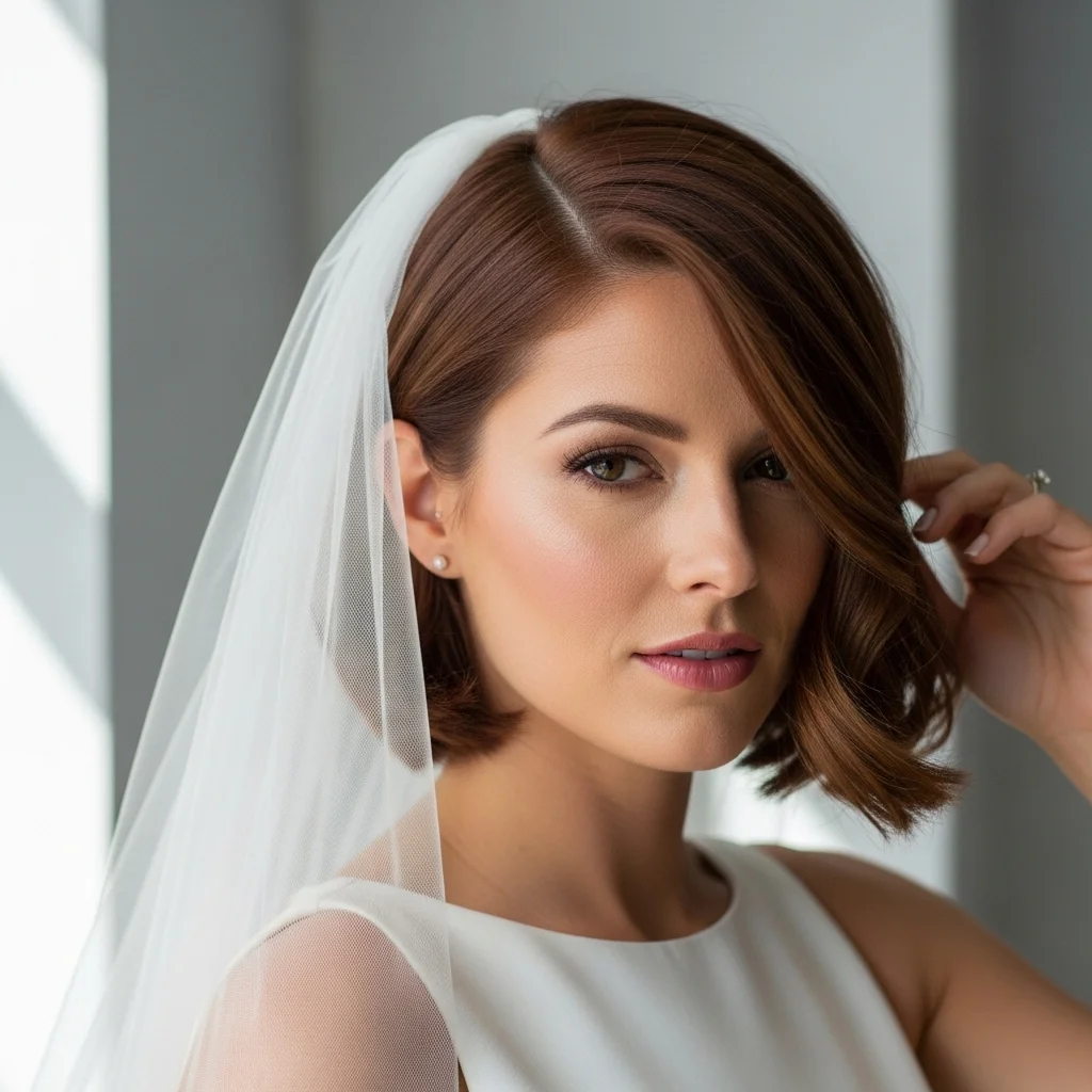 13 Short Hair Bride Hairstyles with Veil 5 side swept bob with a one sided veil