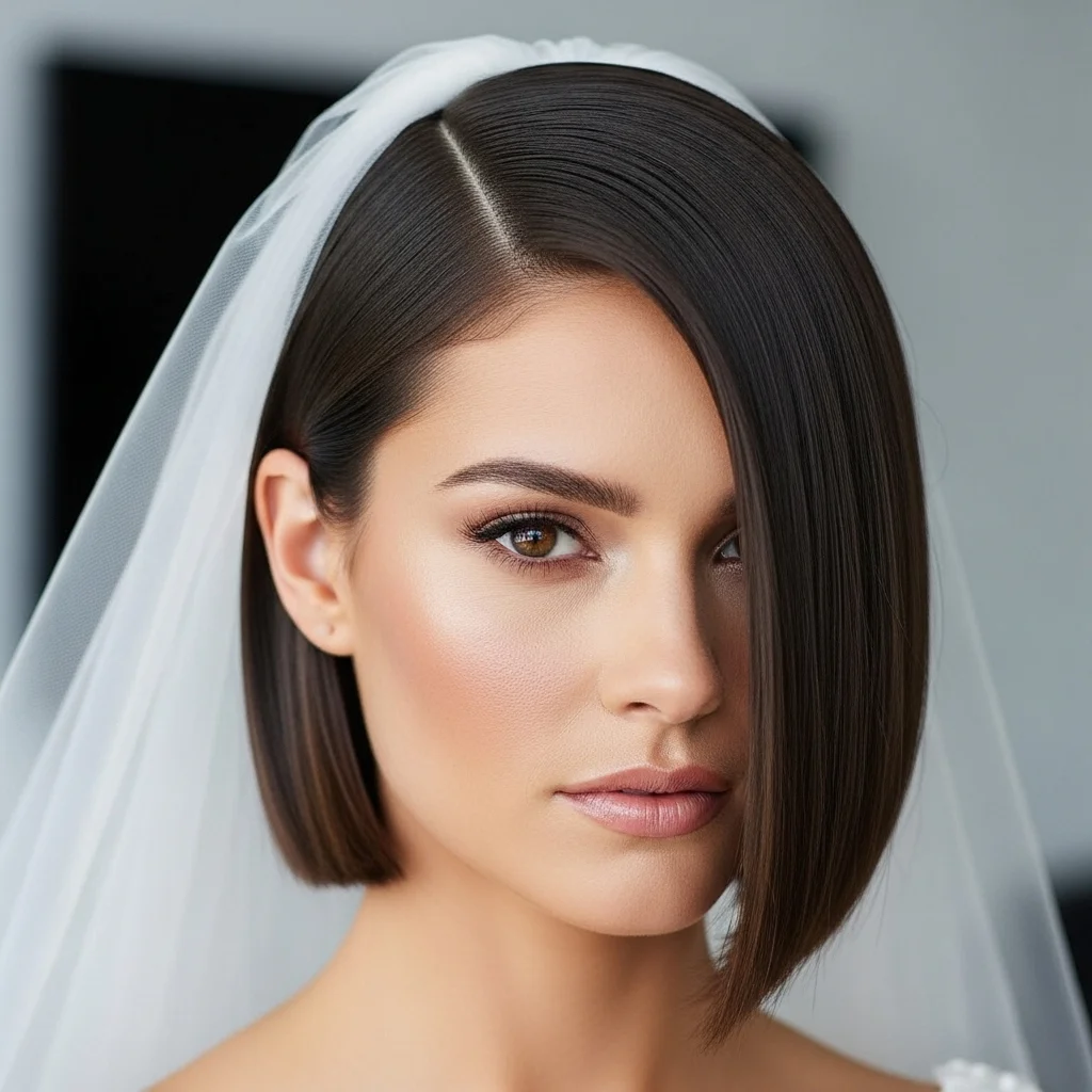 13 Short Hair Bride Hairstyles with Veil 7 sleek bob with a simple veil