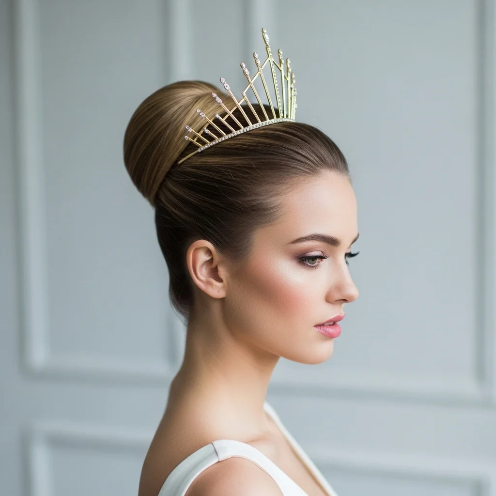 17 Bridal Hairstyles with Crowns 6 sleek high bun with geometric crown