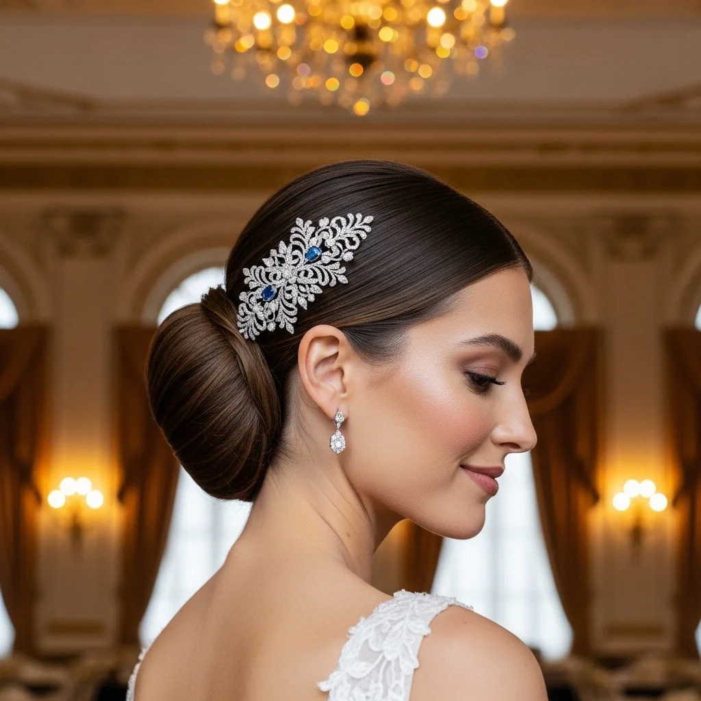 sleek low bun with hair accessory