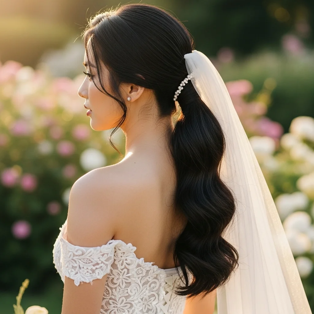 sleek low ponytail with textured ends